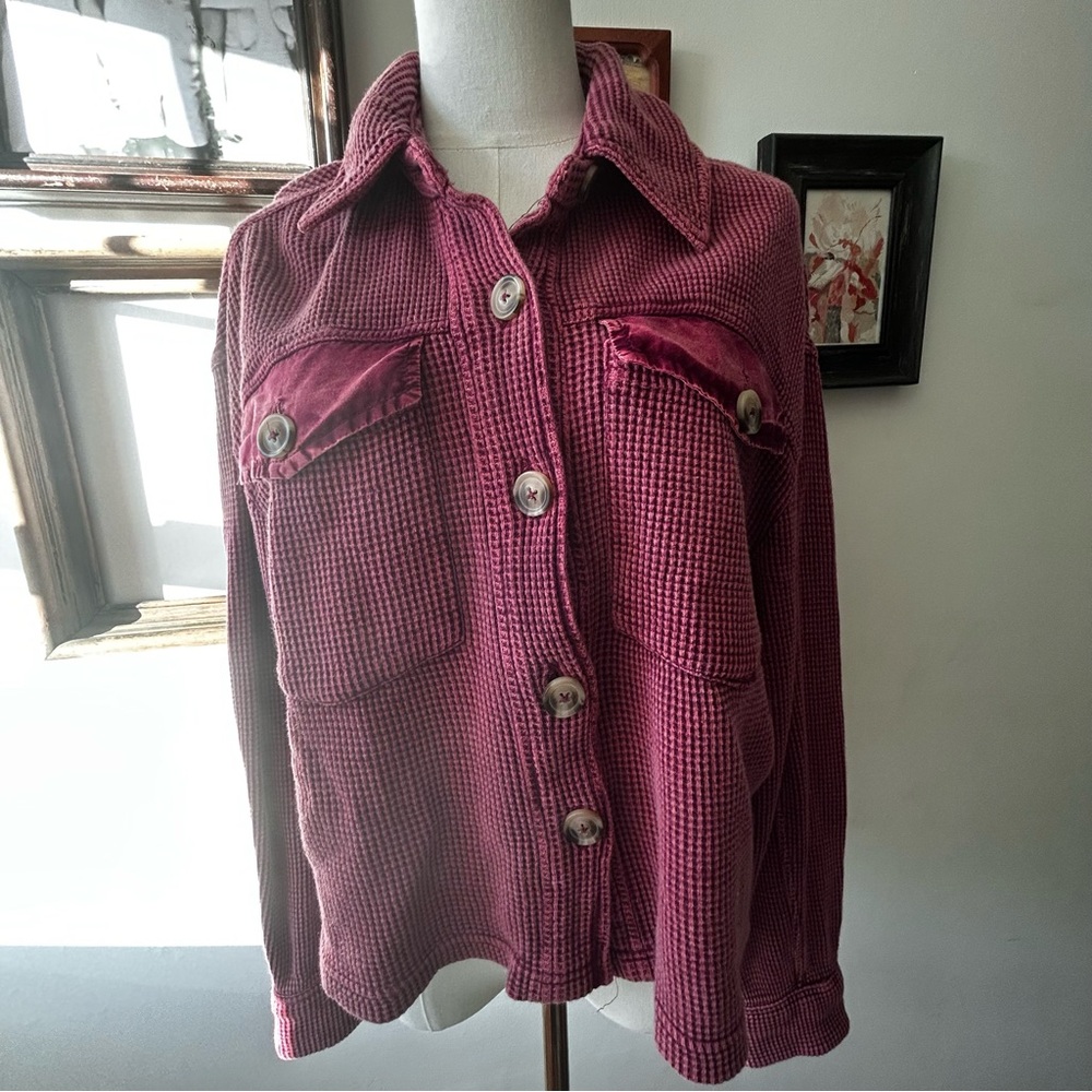 Bagatelle Collection Waffle Knit Thermal Button Down Long Sleeve Burgundy Red L